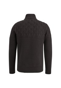 Pull en maille gris foncé avec un col montant, présentant un motif texturé en losanges sur la partie supérieure et des poignets et ourlet côtelés.