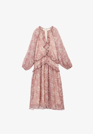 Rüschendes, langärmliges Kleid in Rosa mit einem Blattmuster; leichter Stoff, gestuftes Design und schwarze Einfassung um die Rüschen.