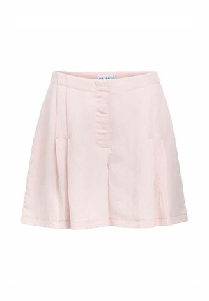 Lys rosa A-linjeskjørt med frontfolder og skjult frontlukking, vist på hvit bakgrunn.