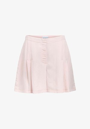 Jupe trapèze rose clair avec plis à l'avant et fermeture avant dissimulée, présentée sur un fond blanc.