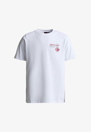 Fehér rövid ujjú ing a bal mellrészen "Zavetti Canada" felirattal, koordinátákkal és egy vörös juharlevél grafikával.