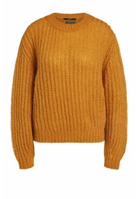 Musztardowo-żółty sweter dziany o prążkowanej teksturze, z okrągłym dekoltem i długimi rękawami. Luźny krój z elastycznego, miękkiego materiału.