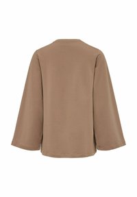 Haut marron à manches longues avec un col rond, une coupe ample et des manches larges, présenté de dos sur un fond blanc.