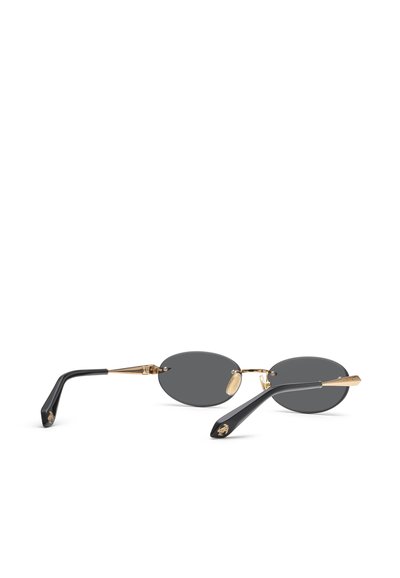 Oval-shaped black sunglasses with gold metal bridge and black arms, shown from the back on a white background.