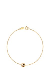 Złoty bransoletka z pojedynczym wypolerowanym okrągłym koralikiem. Delikatne ogniwa i zapięcie typu lobster dopełniają projekt.