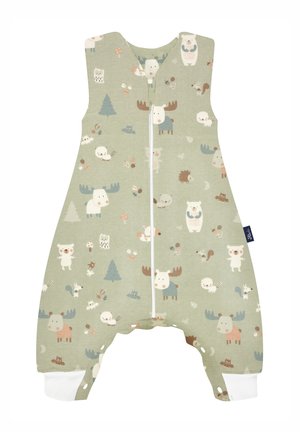 Grüner Baumwoll-Schlafsack mit Tiermotiven, ausgestattet mit einem Frontreißverschluss, ärmellosem Design und weißen Knöchelmanschetten. Weicher, strukturiertes Gewebe.