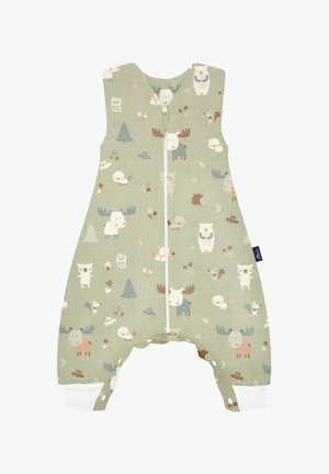 Green cotton sleeping bag with animal prints, featuring a front zipper, sleeveless design, and white ankle cuffs. Soft, textured fabric.