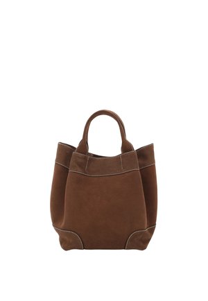 Brown suede tote bag with short handles, featuring a soft texture, rounded corners, and white stitching detail along the seams.