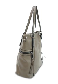 Grijze leren handtas met twee handvatten aan de bovenkant, met een ritszak en franjes. Gelaagd uiterlijk en zilveren hardwaredetails.