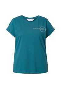 Teal katoenen t-shirt met een ronde halslijn en korte mouwen. Heeft witte tekst in een gebogen patroon aan de voorkant.