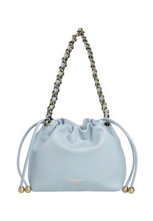 Svetloblago usnjeno torbico z zavezo in zlatimi dodatki. Ima verižni ročaj in okroglo obliko.