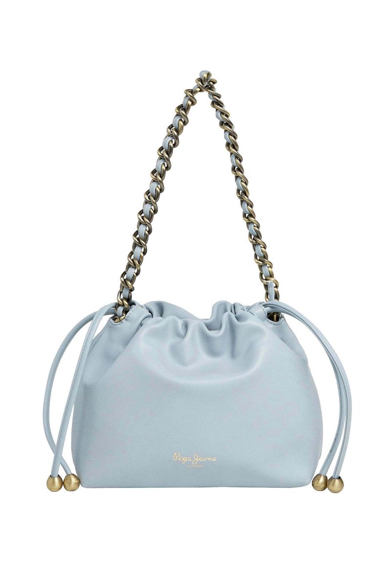 Svetloblago usnjeno torbico z zavezo in zlatimi dodatki. Ima verižni ročaj in okroglo obliko.