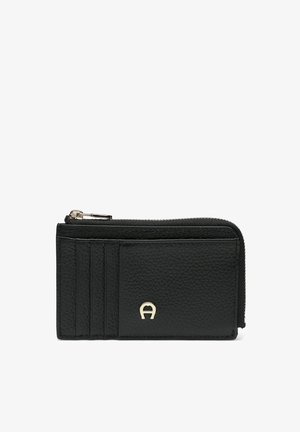 Black leather wallet with textured finish, featuring a zip closure, multiple card slots, and a gold logo accent. Compact and sleek design.