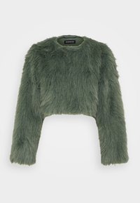 Grøn faux fur cropped sweater med lange ærmer og rund halsudskæring. Har en blød, fyldig tekstur og et ensfarvet design.