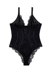 Body in pizzo nero con spalline regolabili, bordi ondulati e pannelli in pizzo floreale trasparente davanti e dietro.