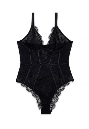 Zwarte kanten bodysuit met verstelbare schouderbanden, golvende randen en doorzichtige bloemenkantpanelen aan de voor- en achterkant.