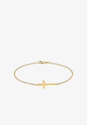 Goldenes Metallarmband mit einer dünnen Kette und einem flachen Kreuzanhänger, ausgestattet mit einer glänzenden Oberfläche und einem sicheren Karabinerverschluss.