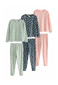 Das Kinder-Pyjama-Set umfasst Langarmoberteile und Hosen in mintgrün, marineblau und rosa, alle mit weißen Punkte-Mustern.