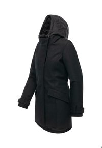 Svart kappa med textilstruktur, utrustad med hög krage, justerbara muddar och huva. Designen är minimalisk med sidofickor.