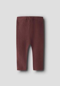 Miękkie bordowe legginsy dla dzieci z elastycznym pasem, pokazane na płasko na szarym tle.