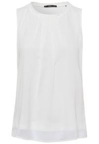 Ärmellose weiße Bluse mit rundem Ausschnitt, subtilen Fältchen an der Vorderseite und einem leicht transparenten Stoff am Saum.
