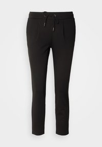 Pantaloni neri slim fit con cintura elastica e cordino, dotati di pinces frontali e tasche laterali, mostrati su uno sfondo bianco.