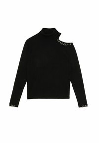 Maglione lungo a maniche lunghe nero a coste con colletto alto, taglio asimmetrico su una spalla e chiusure in metallo con gancio e occhiello argentate su collo e polsini.