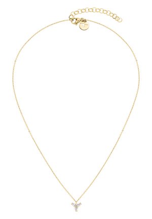 Goldkette mit einem zentralen, mit Kristallen verzierten Anhänger im dreizackigen Design. Verstellbare Länge mit einem Karabinerverschluss.