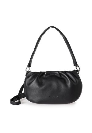 Schwarze Leder-Schultertasche mit gerafftem Design, verstellbarem Schultergurt und glatter Oberfläche. Verfügt über subtile Markenkennzeichnung auf der Vorderseite.