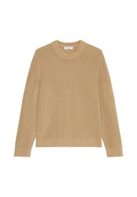 Beige gerippter Strickpullover mit Rundhalsausschnitt und langen Ärmeln. Hat ein strukturiertes Muster und einen geraden Saum an der Taille.