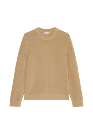 Beige ribbed knit sweater with a round neck and long sleeves. Features a textured pattern and a straight hem at the waist.