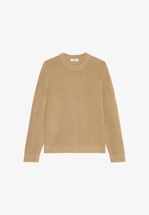 Beige gerippter Strickpullover mit Rundhalsausschnitt und langen Ärmeln. Hat ein strukturiertes Muster und einen geraden Saum an der Taille.