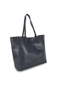 Marineblauwe leren totebag met twee lange handvatten, licht gestructureerd oppervlak, rechthoekige vorm, open bovenkant en minimalistischer ontwerp.