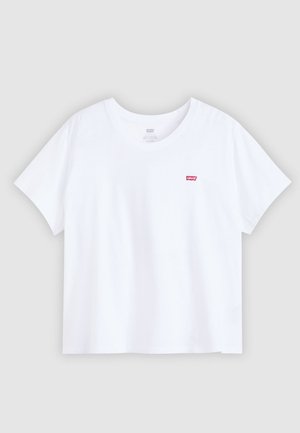 Tricou alb din bumbac cu mâneci scurte și guler rotund. Prezintă un mic logo roșu pe partea stângă a pieptului. Textură netedă și croială lejeră.