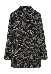 Camicia nera a maniche lunghe con motivo di foglie tropicali bianche, con colletto e chiusura a bottoni, realizzata in tessuto leggero.