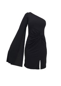 Μαύρο φόρεμα με ένα μακρύ μανίκι, στριμμένο σχέδιο στο μπροστινό μέρος και σχισμή μέχρι το μηρό. Φτιαγμένο από λείο, ελαστικό ύφασμα.