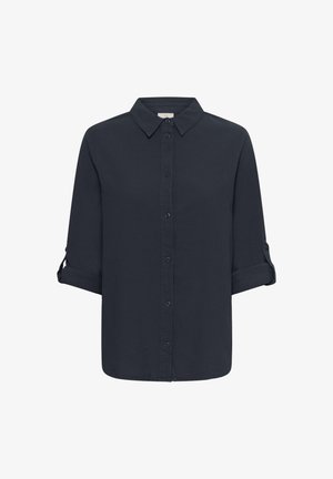 Dark blue, button-up shirt made of soft fabric. Features a classic collar, rolled-up sleeves, and a straight hemline.