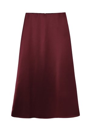 Burgundy A-vonalú szoknya sima anyagból. Hátsó cipzárral, térd hosszúságúra kialakítva, egyszerű, letisztult dizájnnal, minta nélkül.