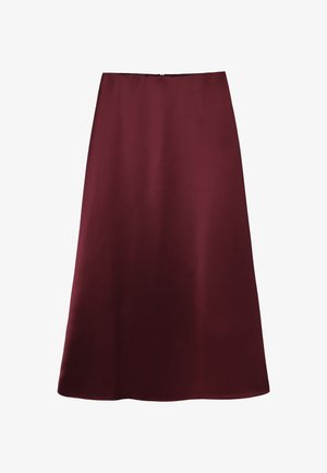 Bordo A-line sijonas, pagamintas iš lygios medžiagos. Yra su užpakaline užtrauktuku, iki kelių ilgio ir turi paprastą, švarią dizaino liniją, be raštų.