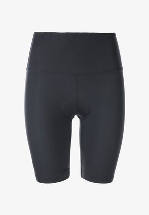 Sorte cykelshorts lavet af strækbart stof; høj talje design; har en polstret indsats i midten; glat overflade; ingen synlige mønstre.