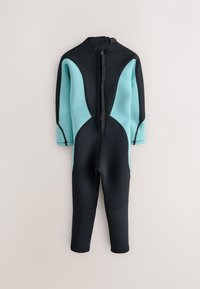 Mokrá bunda s dlhými rukávmi v čiernej a svetlomodrej farbe. Vyrobená z textúrovaného neoprénu, so zipsom na chrbte a spevneným prešitím.