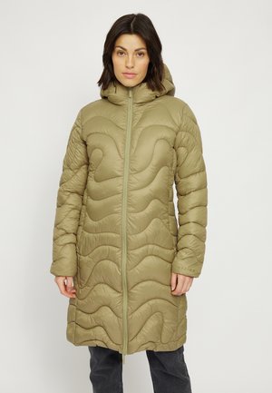 Olive green puffer coat with a wavy quilted design, full zip, and hood. Includes textured fabric and logo detail on the sleeve.