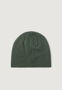 Gorro de punto verde con una textura suave, parte superior redondeada y detalles de costura sutiles. Sin patrones ni adornos visibles.