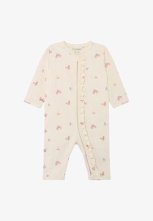 Flødefarvet babyheldragt med lyserøde og gule sommerfugleprint, frontlynlås og flæsedetalje langs lynlåslinjen.