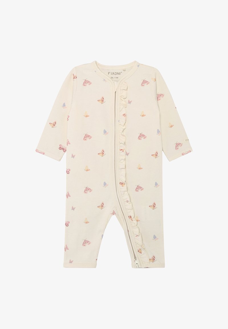 Barboteuse bébé de couleur crème avec imprimés de papillons roses et jaunes, fermeture éclair à l'avant et détail à volants le long de la ligne de la fermeture éclair.