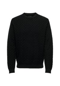 Schwarzer strukturierter Pullover mit geometrischem Muster, geripptem Kragen, Bündchen und Saum. Hergestellt aus einem weichen, strapazierfähigen Stoff.