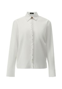 Camicia bianca con maniche lunghe, frontale con bottoni caratterizzato da rouches lungo il patta, e un bottone decorativo al colletto. Tessuto liscio.