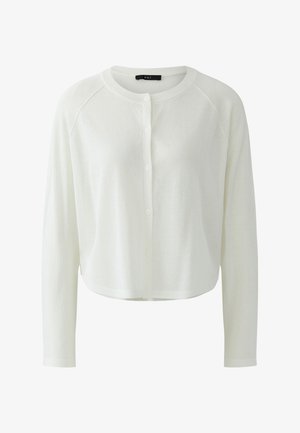 Weißer langärmeliger Cardigan mit Knöpfen, Rundhalsausschnitt und leicht taillierter, kurz geschnittener Passform aus leichtem Stoff.