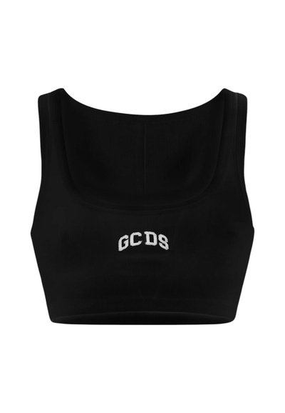 Top corto nero a coste realizzato in tessuto elasticizzato, con scollatura ampia e logo ricamato bianco "GCDS" sul davanti.