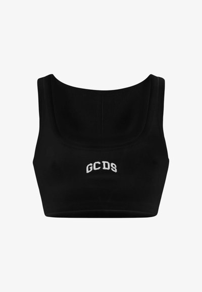 Top corto nero a coste realizzato in tessuto elasticizzato, con scollatura ampia e logo ricamato bianco "GCDS" sul davanti.